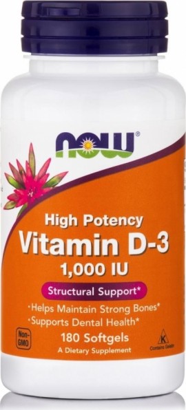 Now Foods Vitamin D-3 1000IU Συμπλήρωμα Διατροφής Βιταμίνης D3 180 Μαλακές Κάψουλες