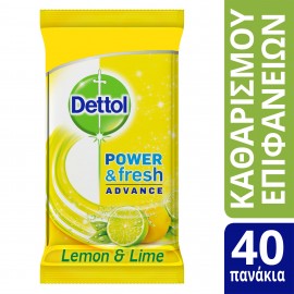 Dettol Surface Wipes Lemon & Lime Υγρά Απολυμαντικά Πανάκια Καθαρισμού Επιφανειών 40 Τεμάχια