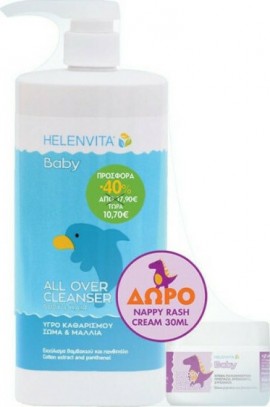 Helenvita PROMO Baby All Over Cleanser Υγρό Καθαρισμού Για Σώμα και Μαλλιά 1000ml - Nappy Rash Cream Κρέμα Για Την Αλλαγή Πάνας 30ml