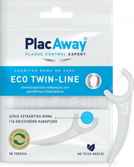 PlacAway Eco Twin-Line Διπλό Λευκαντικό Οδοντικό Νήμα με Λαβή, 30τμχ