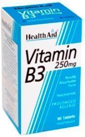 Health Aid Vitamin B3 (Niacin) 250mg, Χρήσιμη για την παραγωγή ενέργειας από την τροφή, στην ακμή και στη διατήρηση σωστών επιπέδων χοληστερόλης (HDL-LDL), 90 tabs