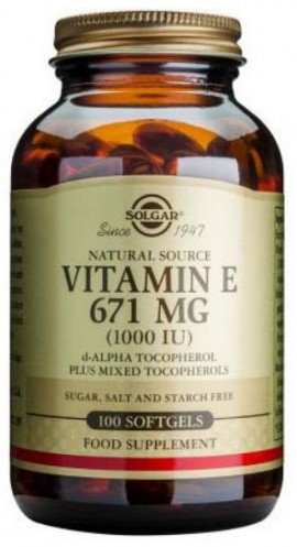 Solgar Vitamin E 671 mg 1000 IU Συμπλήρωμα Διατροφής Βιταμίνης Ε 100 Μαλακές Κάψουλες