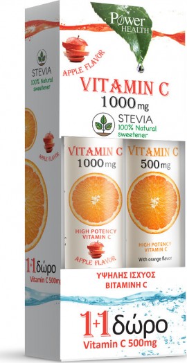 Power Health PROMO Vitamin C 1000mg Apple Stevia 24 Αναβράζοντα Δισκία + Vitamin C 500mg 20 Αναβράζοντα Δισκία
