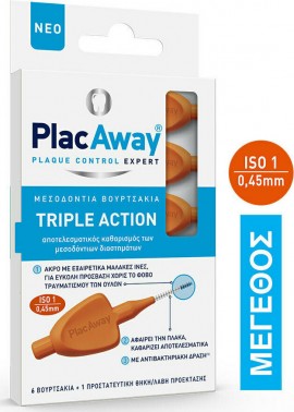 Plac Away Μεσοδόντια Βουρτσάκια Triple Action 0.45mm ISO 1 Πορτοκαλί 6τεμ