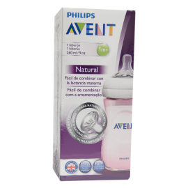Avent Philips Natural Πλαστικό Μπιμπερό (Ροζ) για Φυσικό τάισμα, με Θηλή αργής ροής / PP - 1m+, Χωρίς BPA, Συσκευασία με 1 τεμάχιο, χωρητικότητας 9oz/260ml [SCF694/17]