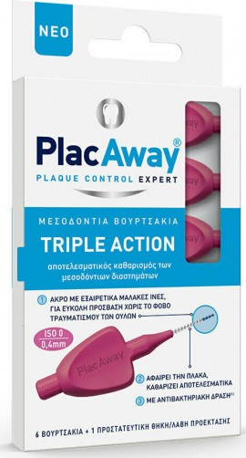 Plac Away - Triple Action Μεσοδόντια Βουρτσάκια 0.4mm ISO 0 Ροζ 6τεμ