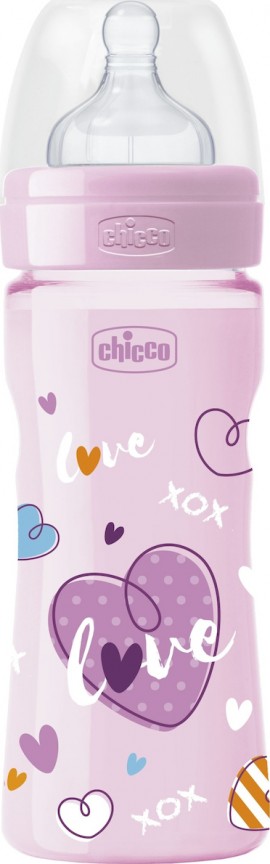 Chicco Well-Being Πλαστικό Μπιμπερό 2m+ Μέτριας Ροής Ροζ Με Θηλή Σιλικόνης (20623-11), 250ml