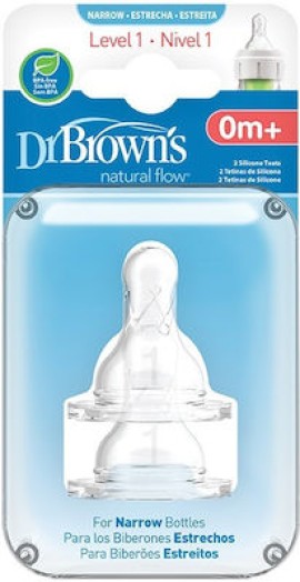 Dr. Browns Natural Flow Options+ Silicone Teats, Θηλές Σιλικόνης για Μπιμπερό Options+ με Στενό Λαιμό, 0m+ Επίπεδο 1(2τεμ)
