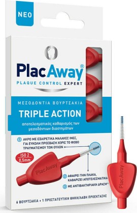 Plac Away Triple Action Μεσοδόντια Βουρτσάκια 0.5mm ISO 2, Κόκκινο, 6τεμ