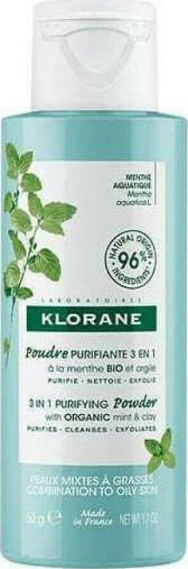 Klorane Aquatic Mint 3 in 1 Purifying Powder With Organic Mint & Clay Εξυγιαντική Πούδρα με Βιολογική Μέντα & Άργιλο 50gr