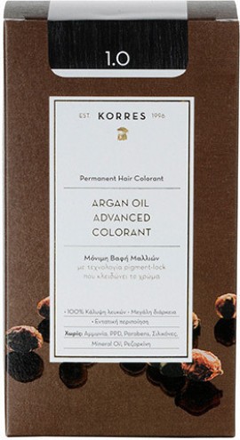 Korres Argan Oil Advanced Colorant 1,0 Μαύρο 50ml. Μόνιμη Βαφή Μαλλιών με τεχνολογία Pigment-Lock που κλειδώνει το χρώμα