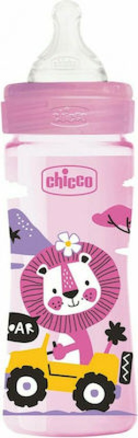 Chicco Πλαστικό Μπιμπερό Well Being Κατά των Κολικών με Θηλή Σιλικόνης 250ml για 2+ μηνών Pink Lion