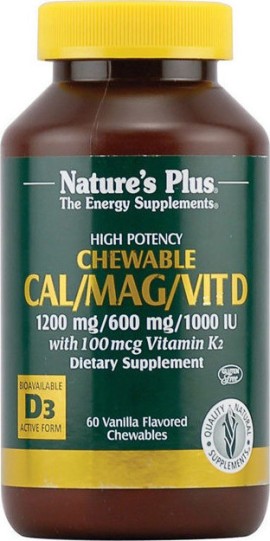 Natures Plus Chewable Cal Mag Vitamin D3 with Vitamin K2 Chocolate -- 60 Chewable Tablets