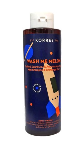 Korres Wash Me Melon Παιδικό Σαμπουάν & Αφρόλουτρο 2 σε 1 για Αγόρια 250ml. Καθαρίζει απαλά διατηρώντας την ισορροπία του pH της ευαίσθητης παιδικής επιδερμίδας, χωρίς να προκαλεί ερεθισμούς