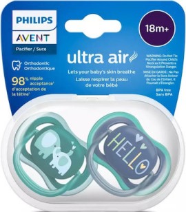 Philips Avent Ultra Air Ορθοδοντική Πιπίλα Σιλικόνης 18m+ (Ελέφαντας,Hello)2τμχ