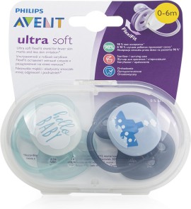 philips Avent Πιπίλες Ultra Soft Ηello Baby Γκρι - Γαλάζιο 0-6 μηνών (SCF222/01)