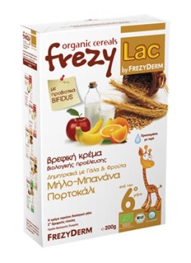 Frezylac Βιολογική Βρεφική Κρέμα Δημητριακών με Γάλα και Μήλο, Μπανάνα, Πορτοκάλι 200gr