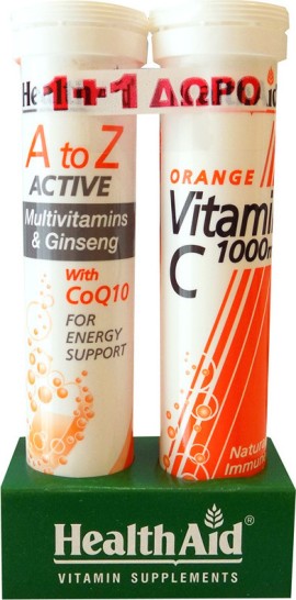 Health Aid A To Z Αctive With Q10 Tutti Frutti 20 Αναβράζοντα Δισκία + ΔΩΡΟ Vitamin C 1000mg Orange 20 Αναβράζοντα Δισκία