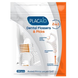 Plac Aid Dental Flosser & Picks Οδοντικό Νήμα με Λαβή Πορτοκαλί 24τεμ