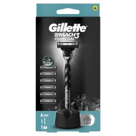 Gillette Mach3 Charcoal Ξυριστική Μηχανή,Ανταλλακτικές Κεφαλές 6τεμ & Δώρο η Βάση Στήριξης