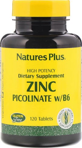 Natures Plus Zinc Picolinate w/B6 120 Tαμπλέτες - Συμπλήρωμα Διατροφής Με Ψευδάργυρο & Βιταμίνη Β6