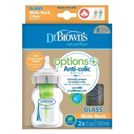 Dr. Browns Options+ Anti-Colic Μπιμπερό Γυάλινο με Φαρδύ Λαιμό & Θηλή Σιλικόνης 2x150ml