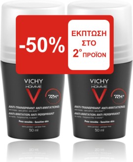 Vichy Homme Anti-irritation Anti Perspirant 72h Υποαλλεργικό αποσμητικό Roll-On για ευαίσθητες επιδερμίδες 2x50ml