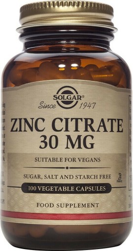Solgar Zinc Citrate 30mg Συμπλήρωμα Κιτρικού Ψευδάργυρου, 100veg.caps